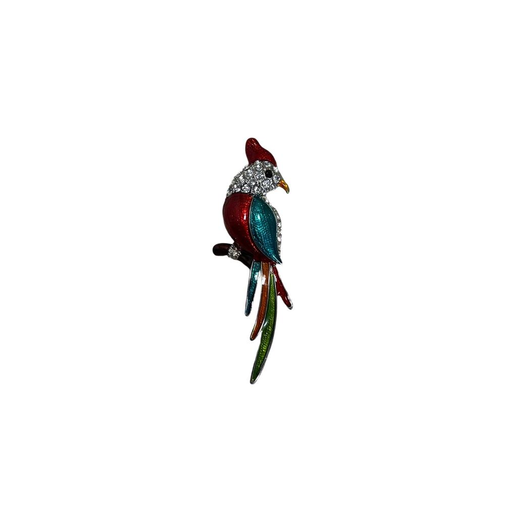 Parrot Brooch Pin Multicolor Enamel Rhinestone Silver Tone Bird Tropical Jewelry